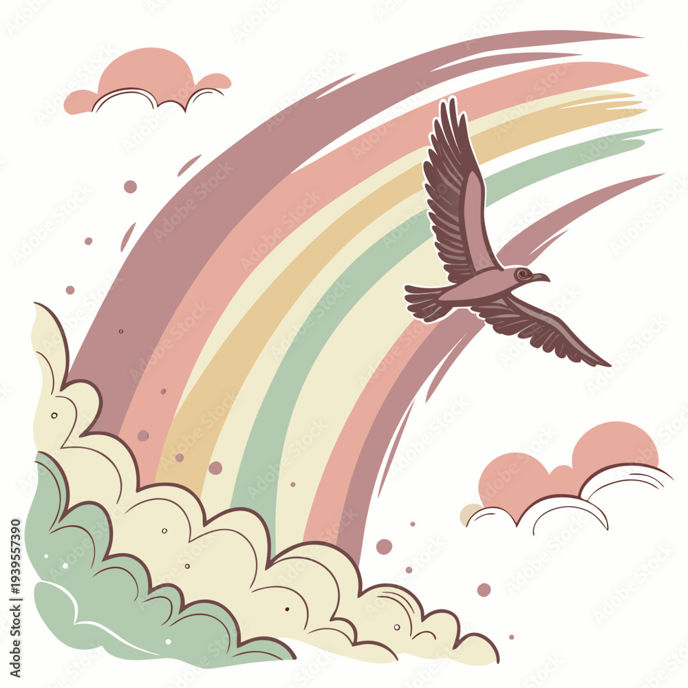 Naklejka premium Stylized Bird Flying Through a Pastel Rainbow and Clouds