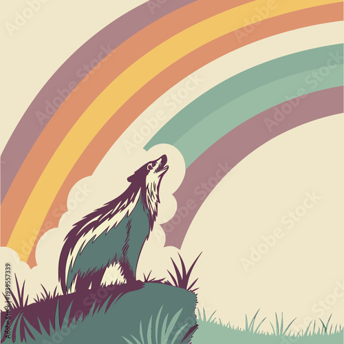 Stylized Wolf Howling at a Retro Rainbow and Clouds, Vintage Illustration