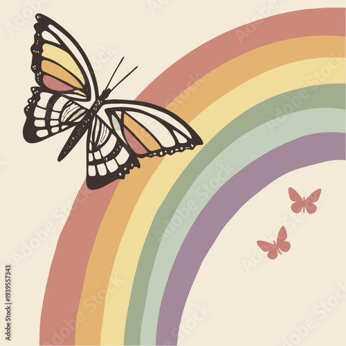 Beautiful Butterfly Flying near Pastel Rainbow and Tiny Butterflies, Delicate Illustration