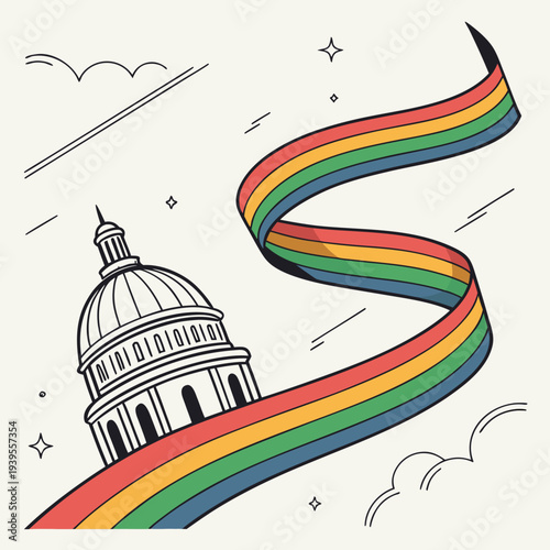 Capitol Building with Rainbow Ribbon Swirl, Patriotic and Pride Illustration