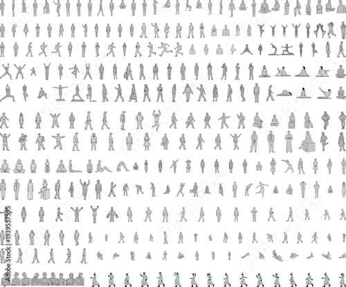 Large collection of architectural scale figures and human silhouettes in various poses like walking, sitting, standing, and yoga for CAD drawings