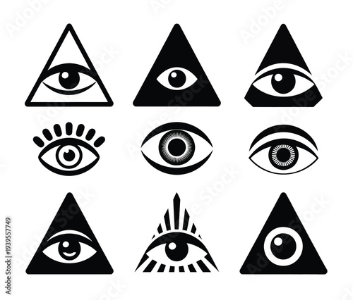 Triangle with Eye Silhouette Set, professional vector pack showing all-seeing eye icons inside triangular shapes, isolated black graphics perfect for mystical, secret society, or magical design 