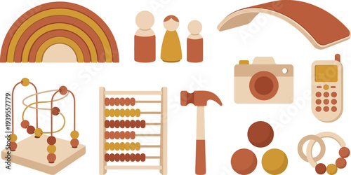 Montessori inspired sustainable play elements with rainbow stacker peg figures balance board in terracotta mustard yellow natural birch for educational toy branding design