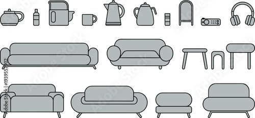 Minimalist Furniture and Household Icons Set Featuring Modern Sofas Armchairs Kitchenware Teapots Bottles Headphones and Home Decor Elements for Interior Design