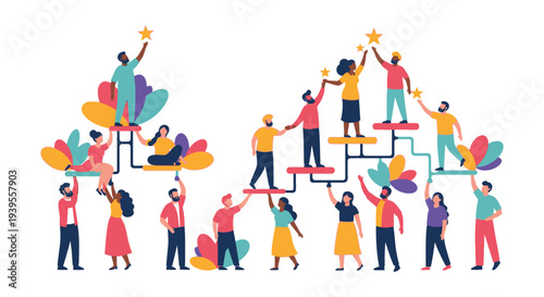 Collaborative Teamwork: Diverse People Building a Path Together, Supporting Each Other to Reach Goals and Achieve Success. Flat Vector.