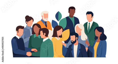 United Diverse Business Team and Community: Modern Flat Design Illustration for Collaboration and Growth