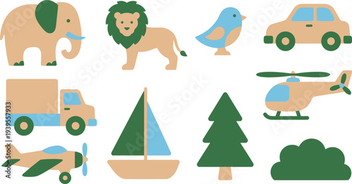 Eco friendly wooden animal vehicle toys with elephant lion bird car truck in forest green sky blue light tan for natural children branding design