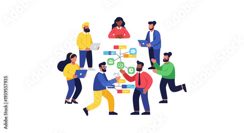 Diverse Business Team Collaboration: Digital Project Management, Workflow & Communication Illustration