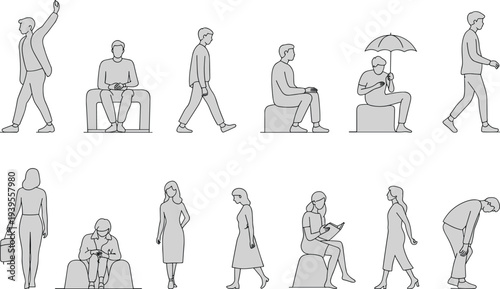 Minimalist vector line art set of diverse people silhouettes in various poses walking sitting standing and reading for architectural visualization
