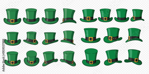 Collection of green leprechaun hats for Saint Patrick's Day celebration, festive Irish holiday accessories.