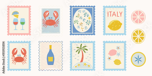 Colorful illustrated postage stamps depicting italian summer themes and motifs