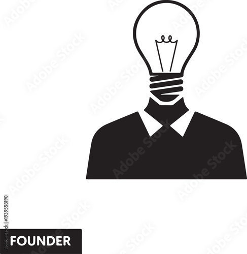 Black silhouette of a person with a lightbulb head and the word founder idea de