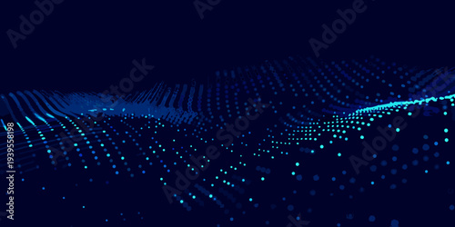 Abstract blue wave of particles forming a digital landscape