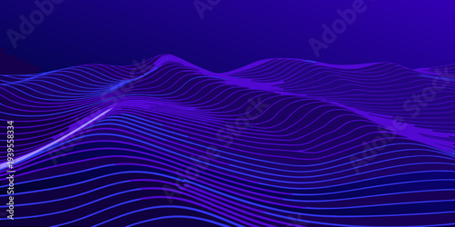 Abstract landscape of undulating lines in shades of purple and blue