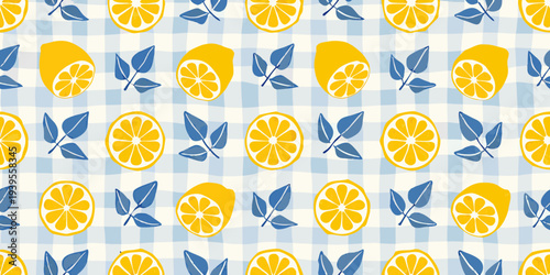 A repeating pattern of lemons leaves and blue gingham checks
