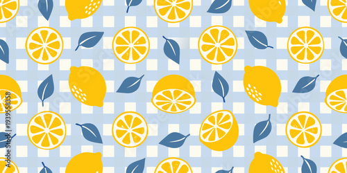 A cheerful pattern of lemons slices and leaves on gingham