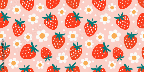 Seamless pattern of red strawberries and white daisies on a pink background