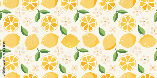 A bright and cheerful pattern of citrus fruits and delicate flowers