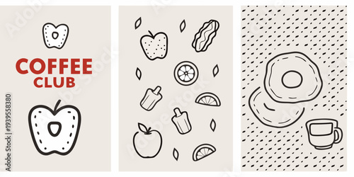 Coffee club illustration with fruit baked goods and beverage doodles