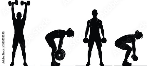 Fitness workout silhouettes set, athletes lifting dumbbells and barbell exercises black and white vector illustration isolated on white
