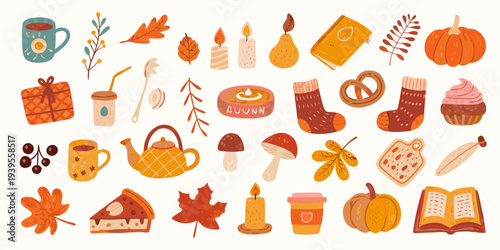 A colorful autumn collection featuring fall objects and seasonal treats