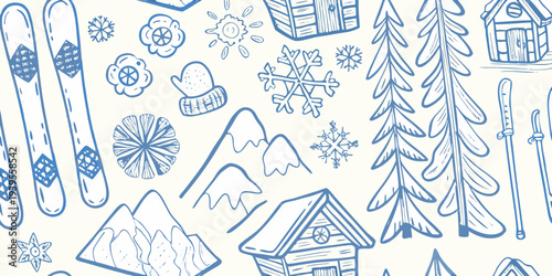Winter themed doodles skis snowflakes mittens and cozy cabins