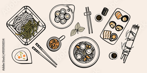 An overhead view of various japanese and asian cuisine dishes