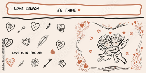 A romantic love coupon featuring cupids hearts and floral doodles