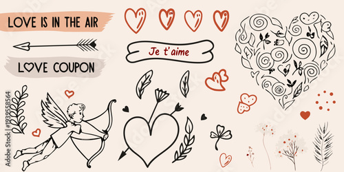Romantic doodles and lettering with hearts and cupid s arrow illustration