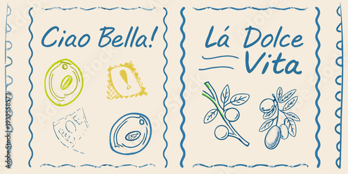 Colorful postcard design featuring italian phrases and hand drawn illustrations