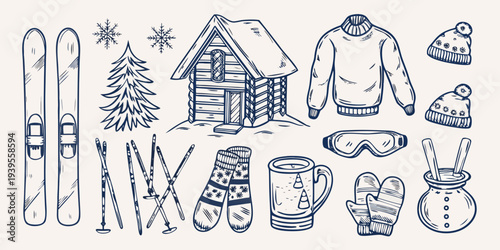 Winter wonderland illustration featuring ski equipment and a cozy cabin