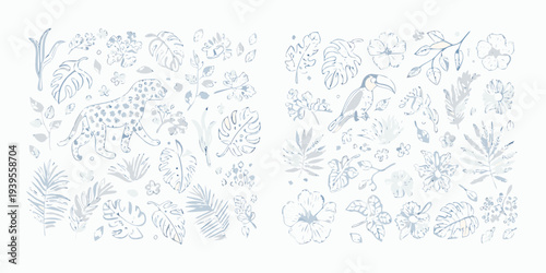 Tropical botanical illustration featuring jungle animals and foliage