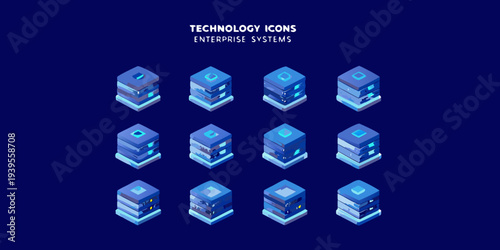 Isometric technology icons representing enterprise systems and data stacks