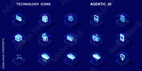 Isometric technology icons representing artificial intelligence and digital concepts