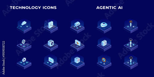 Isometric technology icons representing artificial intelligence and data concepts
