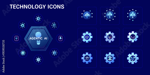 A collection of futuristic technology icons on a dark blue background