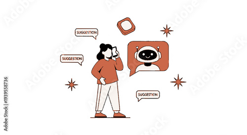 Person getting suggestions from chatbot surrounded by ideas and inspiration