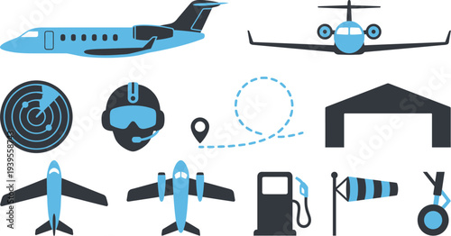 Private business aviation illustrations with sleek jet radar flight helmet hangar in sky blue charcoal white for corporate aircraft branding design