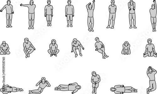 People, human, figure, pose, activity, walking, cycling, carrying, sitting, reclining, working, relaxing, gesture, outline, vector, pattern, design, layout, background