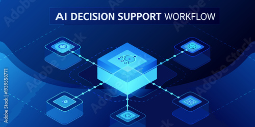 Ai decision support workflow diagram with robotic icons and blue gradients