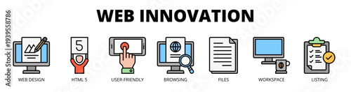 Web innovation web banner icon vector illustration concept with icon of web design, HTML5, user-friendly interface, browsing, files, workspace, and listing.
