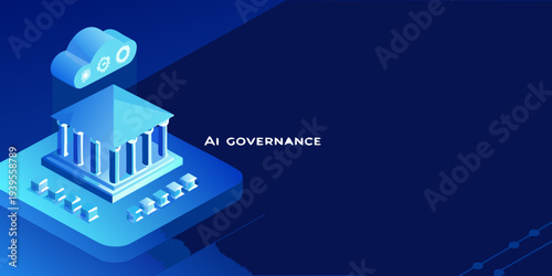 Ai governance concept with isometric building and cloud elements