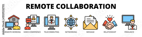 Remote collaboration web banner icon vector illustration concept with icon of remote working, video conference, telecommuting, networking, messaging, relationship, and freelance work.