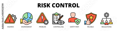 Risk control web banner icon vector illustration concept with icon of hazards, environment, problem identification, controlling, safety management, reliability, and regulations.