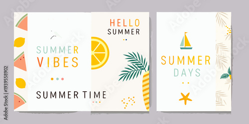 Colorful summer themed graphic designs with fruit and nautical elements