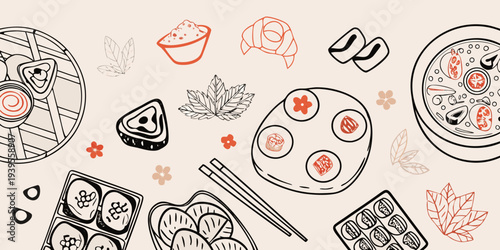 A colorful arrangement of japanese cuisine including sushi dim sum and noodles