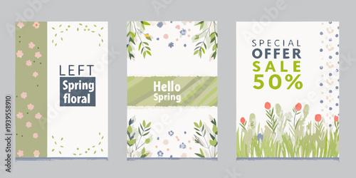 Three spring themed promotional banners with floral designs and text overlays