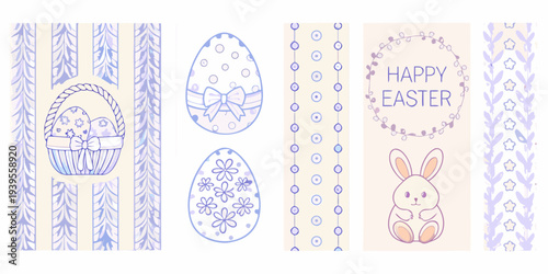 Pastel easter illustrations featuring eggs bunnies and floral decorations