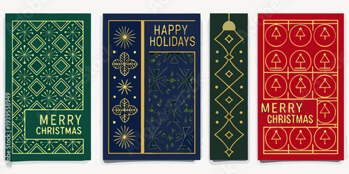 A set of three festive holiday cards with varied geometric designs