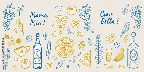 Italian themed doodle illustration with food lettering and decorative elements
